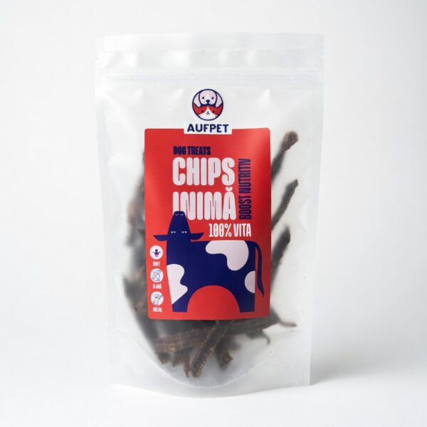 Inimă Chips de Vită - felii deshidratate natural, bogate în taurină, CoQ10 și vitamine B. Single-ingredient, format chips, pentru toți câinii. AufPet.